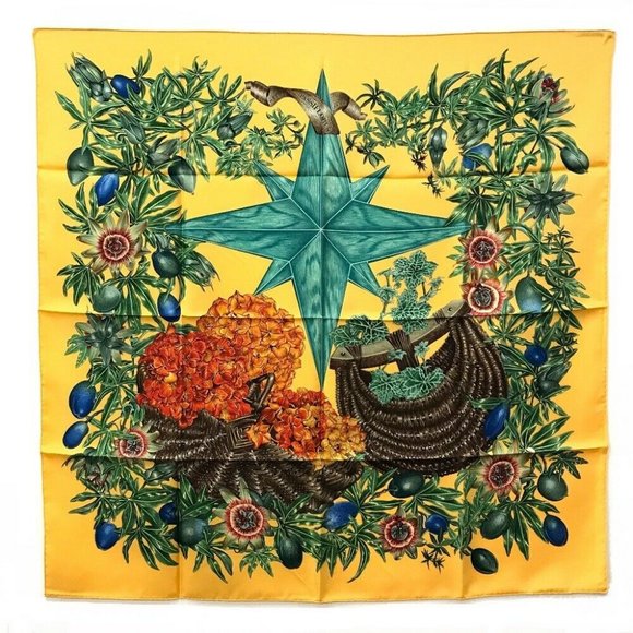 HERMES Carre90 Passiflores Passion Flower Floral Scarf silk Yellow x Green - Picture 1 of 9